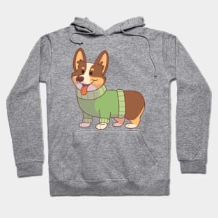 Tricolor corgi wearing a green sweater Hoodie